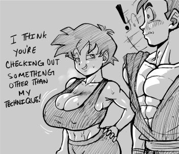 black_hair blush breasts cleavage dragon_ball english_text gym_uniform highres large_breasts muscular muscular_male naughty_face pseudocel saiyan son_gohan steaming_body sweatdrop tomboy videl