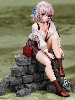 1girl 3d absurdres adjusting_clothes adjusting_legwear adjusting_sock bag belt between_breasts black_choker blue_ribbon blurry blurry_background blush braid breasts brown_shoes brown_skirt brown_tank_top casual chikb choker cleavage closed_mouth collarbone cross-laced_footwear full_body glasses grass green_eyes hair_between_eyes hair_ribbon highres hololive knee_up large_breasts looking_at_viewer mace off-shoulder_sweater off_shoulder official_alternate_costume parted_lips plaid_clothes plaid_skirt ribbon shirogane_noel shirogane_noel_(casual) shoes short_hair shoulder_bag silver_hair simple_background sitting skirt snowflake_choker socks solo strap strap_between_breasts sweater tank_top thighs virtual_youtuber wall watch weapon white_background white_sweater wristwatch zbrush_(medium)