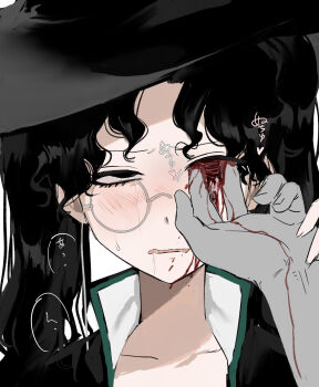 1girl 1other amon_(lord_of_the_mysteries) black_eyes black_hair blood blood_on_face bloody_tears blush chinese_commentary collarbone commentary_request ero_guro eye_injury genderswap genderswap_(mtf) guro heart highres injury kikinotamai long_hair lord_of_the_mysteries missing_eye monocle open_mouth parted_bangs simple_background solo_focus stab sweat translation_request twintails white_background