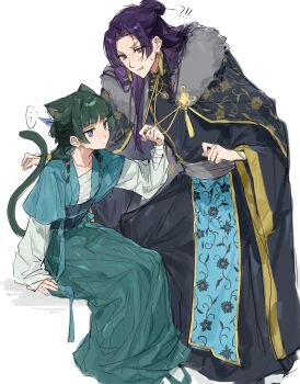 Rule 34 | !?, ..., 1boy, 1girl, animal ears, bandaged wrist, bandages, beads, black robe, blue eyes, blue ribbon, cat ears, cat girl, cat tail, chinese clothes, cloak, freckles, fur-trimmed cloak, fur trim, furrowed brow, gold trim, green hair, green skirt, hair beads, hair bun, hair ornament, hair over shoulder, hair ribbon, half updo, highres, jinshi (kusuriya no hitorigoto), kemonomimi mode, kusuriya no hitorigoto, long skirt, maomao (kusuriya no hitorigoto), parted bangs, parted lips, pink eyes, pleated skirt, purple hair, ribbon, robe, sitting, skirt, spoken ellipsis, sweatdrop, tail, white background, yuikisezu