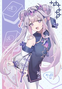 Rule 34 | 1girl, :d, absurdres, arm behind head, arm up, black dress, bloomers, center-flap bangs, chest jewel, china dress, chinese clothes, commentary, detached sleeves, double bun, dress, flower knot, gem, gradient hair, hair bun, hair ornament, highres, hololive, hololive english, jewel under eye, koseki bijou, long hair, looking at viewer, mahjong, mahjong tile, multicolored hair, open mouth, pebble (koseki bijou), pink hair, purple eyes, purple gem, purple hair, ricke 2002, short dress, side slit, side up bun, sidelocks, smile, solo, tassel, tassel hair ornament, thighhighs, twintails, underwear, very long hair, virtual youtuber, white bloomers, white sleeves, white thighhighs