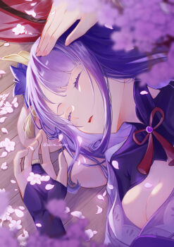 2girls blunt_bangs breasts bridal_gauntlets cherry_blossoms cleavage close-up closed_eyes clothing_cutout commentary_request couple fan_hair_ornament flower flower_ornament bad_tag from_above from_side genshin_impact gradient_hair hair_ornament hand_on_another's_head highres japanese_clothes kiguchi_hikaru kimono large_breasts long_hair lying_on_person mole mole_under_eye multicolored_hair multiple_girls neck_ribbon off_shoulder on_floor open_mouth pink_hair pink_petals purple_flower purple_hair purple_kimono purple_sash raiden_shogun red_ribbon ribbon sash seiza shade shoulder_cutout sitting sleeping upper_body wooden_floor yae_miko yuri