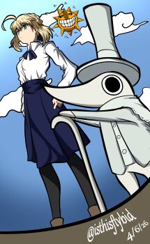 1boy 1girl absurdres ahoge artoria_pendragon_(fate) black_eyes blonde_hair blue_bow blue_bowtie blue_dress bow bowtie braid braided_bun brown_shoes cane cloud cloudy_sky commentary dress english_commentary excalibur_(soul_eater) fate_(series) flybid green_eyes hair_between_eyes hair_bun hands_in_pockets hat highres leggings medium_hair saber_(fate) serious shirt shoes sidelocks sky smile soul_eater standing sun top_hat white_hat white_shirt