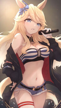 1girl absurdres animal_ears bandeau belt black_belt black_jacket blonde_hair blue_bow blue_eyes bow breasts chahiro chain commentary_request cutoffs denim denim_shorts ear_bow ear_ornament ear_ribbon gloves gold_chain gold_city_(authentic/1928)_(umamusume) gold_city_(umamusume) hand_on_own_hip highres holding holding_microphone horse_ears horse_girl horse_tail jacket karaoke long_hair long_sleeves microphone midriff music navel open_clothes open_jacket open_mouth parted_lips shorts singing single_glove solo strapless striped_bandeau swept_bangs tail thigh_strap tube_top umamusume white_gloves