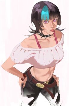 1other androgynous belt black_hair bra_strap bracelet brown_belt cheek_piercing chin_piercing choker collarbone commentary crop_top cropped_legs eyelashes face_piercing green_hair green_streaks hand_on_own_hip highres hoshi_kirara jewelry jujutsu_kaisen lip_piercing medium_hair midriff mouth_piercing multiple_belts multiple_bracelets ndsoda other_focus pants piercing pink_eyes shirt simple_background solo solo_focus spiked_choker spikes star-shaped_pupils star_(symbol) symbol-shaped_pupils tongue tongue_out white_background white_shirt