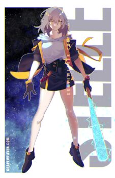 1girl baseball_bat black_gloves black_jacket black_skirt character_name double-parted_bangs electricity full_body gloves glowing graveweaver hair_between_eyes holding holding_baseball_bat honkai:_star_rail honkai_(series) hood hood_down hoodie jacket looking_at_viewer outline serious sidelighting skirt sky solo spread_legs star_(sky) starry_sky stelle_(honkai:_star_rail) trailblazer_(honkai:_star_rail) white_hair white_hoodie white_outline yellow_eyes yellow_trim