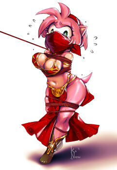 1girl amy_rose animal_ears bdsm bondage bound bound_arms bound_legs breasts cleavage cloth_gag collar cosplay disney female_focus full_body furry furry_female gag gagged green_eyes hairband hedgehog_girl highres huttslayer_leia huttslayer_leia_(cosplay) improvised_gag kaneeru large_breasts leash leash_pull looking_at_viewer metal_bikini navel pelvic_curtain pink_fur princess_leia princess_leia_(cosplay) red_collar red_hairband revealing_clothes sega short_hair signature slave solo sonic_(series) standing star_wars tail tearing_up wide_hips