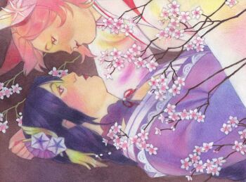 2girls alternate_costume animal_ears aprichemtutya blunt_bangs blush brown_background closed_mouth clothing_cutout commentary couple fox_ears fox_girl from_side genshin_impact hair_between_eyes highres japanese_clothes kimono leaning_forward light_smile long_hair looking_at_another looking_down looking_up lying multiple_girls muscular muscular_female neck_ribbon off_shoulder on_back pink_hair purple_eyes purple_hair purple_kimono raiden_shogun red_lips red_ribbon ribbon shoulder_cutout symbol-only_commentary upper_body wide_sleeves yae_miko yuri