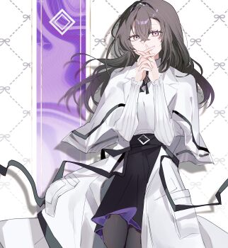 1girl absurdres arknights black_hair black_ribbon black_skirt bow bowtie coat commentary_request covered_mouth covering_own_mouth diamond_(shape) fumi_(rdbm) grey_eyes hairband highres lab_coat long_sleeves looking_at_viewer priestess_(arknights) purple_eyes purple_skirt ribbon shirt skirt sweater turtleneck turtleneck_sweater white_coat white_shirt