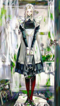 1girl absurdres alternate_costume bag bathroom blonde_hair breasts commentary dirty dirty_face edelgard_von_hresvelg fire_emblem fire_emblem:_three_houses full_body gloves highres holding holding_bag indoors lkppp long_hair long_sleeves looking_at_viewer maid maid_headdress medium_breasts messy_room nintendo open_door pantyhose parted_bangs parted_lips puffy_long_sleeves puffy_sleeves purple_eyes red_pantyhose solo standing white_gloves