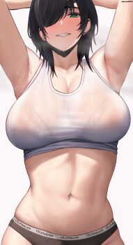 1girl absurdres armpits arms_behind_head arms_up black_hair black_panties bra bra_visible_through_clothes breasts breath chainsaw_man cleavage clothes_writing edmun6969 eyepatch green_eyes grin hair_over_one_eye highres himeno_(chainsaw_man) large_breasts looking_at_viewer navel panties presenting_armpit see-through_clothes see-through_shirt short_hair simple_background smile solo stomach sweat tank_top teeth underwear white_background white_tank_top