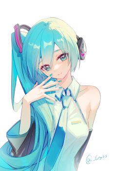 Rule 34 | 1girl, alternate hairstyle, aqua eyes, aqua hair, aqua nails, arm at side, black sleeves, blue necktie, cheng songsongsong, chinese commentary, closed mouth, collared shirt, commentary request, detached sleeves, double-parted bangs, fingernails, hand up, hatsune miku, highres, long sleeves, looking at viewer, nail polish, necktie, shirt, side ponytail, simple background, sleeveless, sleeveless shirt, solo, split mouth, upper body, vocaloid, white background, white shirt, wing collar