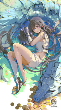 1girl absurdres blue_eyes brown_hair coin commentary_request cropped_shirt dragon earrings gold_coin highres jewelry long_hair looking_at_viewer lying midriff ming_qi_bibi on_side open_mouth original shirt shoes unworn_armor white_shirt white_shoes