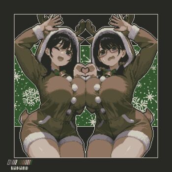 2girls antlers arm_above_head bell blush bow bowtie breasts breasts_squeezed_together christmas crying crying_with_eyes_open highres hood hood_up horns huge_breasts multiple_girls neck_bell nervous one_eye_closed original pixel_art reindeer_antlers shorts smile snowflakes specialhanako tears thighs