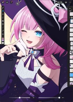 1girl blue_eyes breasts cyrene_(aedes_elysiae)_(honkai:_star_rail) cyrene_(honkai:_star_rail) dress hat highres honkai:_star_rail honkai_(series) looking_at_viewer medium_breasts medium_hair multicolored_hair one_eye_closed open_mouth pink_hair purple_dress smile solo u7_u7u unfinished white_hair witch_hat