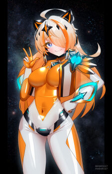 1girl absurdres ahoge animal_ears blonde_hair blue_eyes bodysuit breasts colored_inner_hair covered_navel cropped_jacket fake_animal_ears hair_over_one_eye hand_on_own_hip headgear highres impossible_bodysuit impossible_clothes latex latex_bodysuit looking_at_viewer maguro27 medium_breasts multicolored_bodysuit multicolored_hair orange_bodysuit orange_hair original shiny_clothes skin_tight smile solo streaked_hair symbol-shaped_pupils two-tone_bodysuit two-tone_hair v white_bodysuit