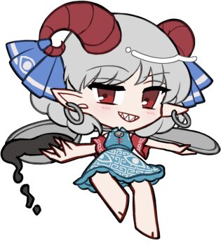 1girl bare_shoulders barefoot blue_dress blue_ribbon blush chibi chibi_only detached_sleeves dress earrings full_body grey_hair grin holding holding_spoon horn_ornament horn_ribbon horns jewelry looking_at_viewer mirei_(miirei) motor_oil oversized_object pointy_ears red_eyes red_horns red_sleeves ribbon sharp_teeth sheep_horns short_hair short_sleeves simple_background sleeveless sleeveless_dress smile solo spoon standing teeth touhou toutetsu_yuuma transparent_background