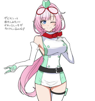 1girl ;) alternate_costume breasts cosplay digimon digimon_story:_time_stranger dress elbow_gloves elf elysia_(honkai_impact) gloves goggles goggles_on_head green_dress honkai_(series) honkai_impact_3rd large_breasts looking_at_viewer nabeiro_kin one_eye_closed pointy_ears simple_background single_thighhigh smile solo thighhighs thighs translation_request two-tone_dress white_background white_dress white_gloves white_thighhighs yuuki_kanan yuuki_kanan_(cosplay)
