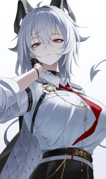 1girl absurdres ahoge black_choker black_gloves black_horns black_jacket black_pants button_gap chest_harness choker closed_mouth collared_shirt cowboy_shot curled_horns demon_tail earrings gloves hair_between_eyes hand_up harness high-waist_pants highres horns jacket jacket_on_shoulders jewelry key_earrings long_hair looking_at_viewer moda_(mo_da_3) mole mole_under_eye multicolored_hair necktie pants red_eyes red_necktie shirt shirt_tucked_in solo streaked_hair tail white_shirt wuthering_waves zani_(wuthering_waves)