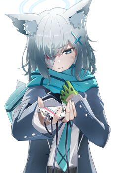 1girl absurdres abydos_high_school_logo animal_ear_fluff animal_ears bandage_over_one_eye bandages black_jacket blood bloody_bandages blue_archive blue_eyes blue_halo blue_necktie blue_scarf bright_pupils clenched_hand closed_mouth commentary fingernails fringe_trim gloves gogogoiru green_gloves grey_hair hair_between_eyes halo hands_up highres holding holding_id_card id_card jacket looking_at_object medium_hair necktie one_eye_covered open_clothes open_jacket scarf school_uniform serious shiroko_(blue_archive) shiroko_terror_(blue_archive) shirt simple_background single_glove slit_pupils solo spoilers straight_hair upper_body v-shaped_eyebrows white_background white_pupils white_shirt wolf_ears wolf_girl