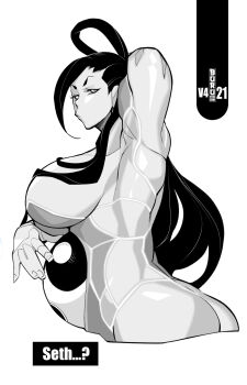 1girl :/ arm_up artist_name ass burustandin commentary english_commentary female_seth_(street_fighter) from_side hair_rings highres long_hair looking_at_viewer muscular muscular_female nude pregnant single_hair_ring solo street_fighter street_fighter_v upper_body v-shaped_eyebrows yin_yang