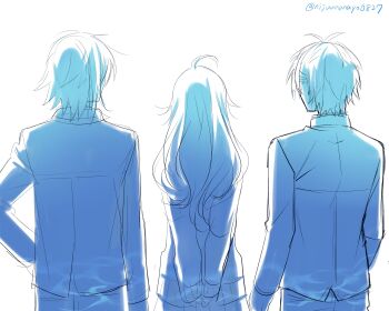 Rule 34 | 1girl, 2boys, absurdres, ahoge, arms behind back, blue theme, facing away, from behind, highres, izumo kasumi (nijisanji), jacket, long hair, monochrome, multiple boys, nijisanji, ninahachi, pants, pleated skirt, simple background, skirt, suzuki masaru, twitter username, uzuki kou, virtual youtuber, white background