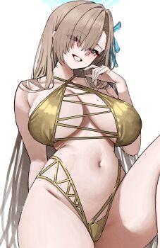 Rule 34 | 1girl, absurdres, alternate costume, asuna (blue archive), bikini, blue archive, blue eyes, blue ribbon, blush, breasts, brown hair, commentary, english commentary, eyes visible through hair, gold bikini, hair over one eye, hair ribbon, hand up, highleg, highleg bikini, highres, kono (xerondan321), large breasts, long hair, looking at viewer, mole, mole on breast, navel, ribbon, simple background, smile, solo, stomach, swimsuit, white background
