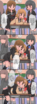 3girls absurdres analog_clock black_legwear black_shirt black_skirt blush cardigan chalkboard classroom clock commentary_request crowd desk dry_humping embarrassed english_text full-face_blush hard-translated highres hug hug_from_behind humping indoors leaning_forward leaning_on_person loli mejikara_scene motion_lines multiple_girls no_eyes original phone public_indecency school_uniform serafuku sex shirt skirt sound_effects speech_bubble talking third-party_edit yuri