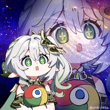 1girl commentary_request dress galaxy galaxy_background genshin_impact google_chrome green_eyes green_hair hair_ornament highres leaf_hair_ornament long_hair meme multicolored_hair nahida_(genshin_impact) nebula oishii_sasa pointy_ears side_ponytail sou_iu_ikimono space space_cat_(meme) star_(sky) symbol-shaped_pupils upper_body white_dress white_hair