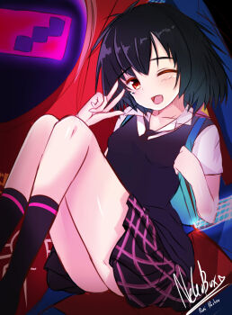 1girl :d adjusting_strap aqua_bag artist_name backpack bag black_hair black_necktie black_skirt black_socks black_sweater_vest blush breasts brown_eyes character_name collared_shirt dark dress_shirt english_text feet_out_of_frame hair_between_eyes hands_up highres holding_strap knees_up marvel mecha necktie nekobox one_eye_closed open_mouth peni_parker plaid_clothes plaid_skirt pleated_skirt raised_eyebrows robot school_uniform shirt short_hair short_sleeves signature sitting sitting_on_mecha skirt small_breasts smile socks solo sp//dr spider-man:_into_the_spider-verse spider-man_(series) spider-verse sweater_vest w w_over_eye white_shirt