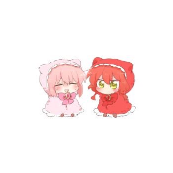 2girls animal_hood blush bocchi_the_rock! bow bowtie brooch brown_shoes cat_hood chibi chibi_only closed_eyes commentary_request double-parted_bangs full_body gotoh_hitori hair_between_eyes hood hood_up jewelry kita_ikuyo multiple_girls no_mouth open_mouth pink_bow pink_bowtie pink_hair rebecca_(keinelove) red_bow red_bowtie red_hair shoes short_hair simple_background sitting sparkle sweat white_background yellow_eyes