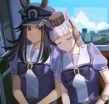 2girls animal_ears black_hair blunt_bangs blush bow breasts brown_hat closed_eyes closed_mouth ear_bow ear_ribbon ears_through_headwear fenomeno_(umamusume) flipped_hair gold_ship_(umamusume) grey_hair hat head_on_another's_shoulder highres himo_(user_rzgz5877) horse_ears horse_girl horseshoe_hat_ornament horseshoe_ornament leaning_on_person long_hair multicolored_hair multiple_girls peaked_cap pillbox_hat purple_bow purple_eyes purple_hair purple_serafuku purple_shirt sailor_collar sailor_shirt school_uniform serafuku shirt sitting sleeping subway tracen_school_uniform umamusume white_sailor_collar window