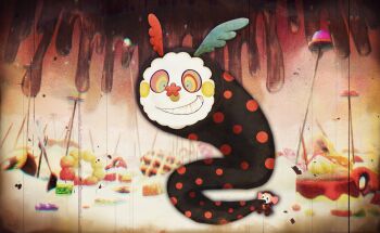 abstract abstract_background artist_request cake candy charlotte_(madoka_magica) creature creature_focus doll donut film_grain food french_cruller game_cg grin highres icing mahou_shoujo_madoka_magica mahou_shoujo_madoka_magica_magia_exedra no_humans official_art oversized_object sharp_teeth smile solo spoon teeth waffle witch&#039;s_labyrinth witch_(madoka_magica)