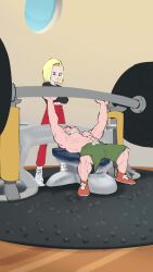 1boy 1girl abs android_18 animated bald bald_male bench_press biceps blonde_hair blue_eyes blush breathing_(animated) bronksson1 couple dragon_ball dragonball_z english_text exercising green_shorts gym gym_uniform happy husband_and_wife kuririn muscular muscular_male pectorals shorts smile sound speech_bubble tagme training video weightlifting