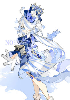 Rule 34 | 1girl, all fours, bare legs, blue bow, blue eyes, blue hat, blue ribbon, bow, furina (genshin impact), genshin impact, gloves, hair between eyes, hat, high heels, highres, long hair, looking at viewer, one eye covered, open mouth, ribbon, shorts, smile, white gloves, zenmai (cyenmi3)