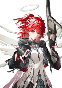1girl absurdres arknights black_gloves black_jacket breasts closed_mouth cowboy_shot detached_wings energy_wings exusiai_(arknights) exusiai_the_new_covenant_(arknights) fingerless_gloves gloves gun halo highres holding holding_gun holding_weapon hood hood_down hooded_jacket jacket long_sleeves looking_at_viewer medium_breasts one_side_up open_clothes open_jacket outstretched_hand red_eyes red_hair rifle shirt short_hair simple_background smile solo tongyu weapon white_background wings