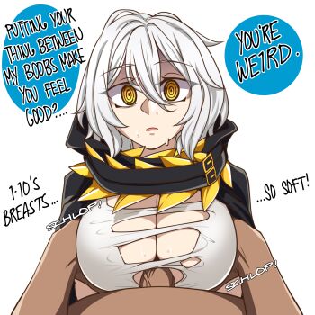10s 1boy 1girl absurdres bandai bandai_namco black_cloak breasts censored center_opening cleavage cloak clothed_female_nude_male clueless code_vein colorized dress ekz_(robotekz) english_text erection eye_contact groping hair_between_eyes hand_on_breast hetero highres hood hooded_cloak io_(code_vein) large_breasts looking_at_another looking_at_viewer lying md5_mismatch namco nude on_back paizuri paizuri_on_lap paizuri_under_clothes pale_skin parted_lips penis perpendicular_paizuri pov ringed_eyes robe rubbing shirt short_hair simple_background solo_focus sound_effects speech_bubble sweat tagme talking talking third-party_edit torn_clothes torn_shirt uncensored vampire white_background white_dress white_hair yellow_eyes