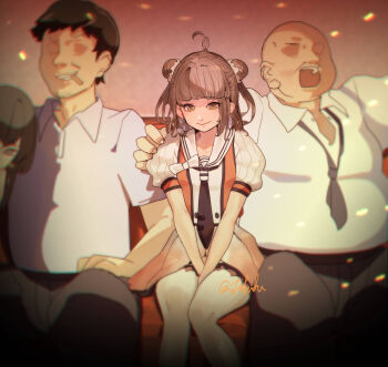 Rule 34 | 2boys, 2girls, absurdres, antenna hair, black neckerchief, black pants, brown hair, buttons, collared shirt, double-breasted, double bun, dress shirt, faceless, faceless male, fat, fat man, feet out of frame, fuwafuwatoufu, hair bun, highres, kantai collection, multiple boys, multiple girls, naka (kancolle), naka kai ni (kancolle), neckerchief, one-hour drawing challenge, orange shirt, pants, puffy short sleeves, puffy sleeves, sailor collar, school uniform, serafuku, shirt, short hair, short sleeves, sitting, thighhighs, white sailor collar, white shirt, white thighhighs