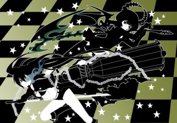 2girls arm_cannon belt bikini black_coat black_dress black_hair black_leggings black_rock_shooter black_rock_shooter_(character) black_shorts blue_eyes blue_fire chain checkered_background coat commentary_request dead_master dress ekra fire flaming_eye front-tie_bikini_top front-tie_top green_eyes horns leggings long_hair multiple_girls open_clothes open_coat pale_skin rock_cannon scar scythe shorts skeletal_hand skeletal_wings swimsuit sword twintails uneven_twintails weapon wings