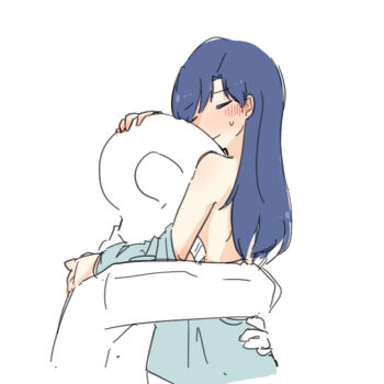 1boy 1girl archive_(user_ufsk2755) between_breasts blue_hair blush breasts closed_eyes closed_mouth face_to_breasts hetero hug idolmaster idolmaster_(classic) kisaragi_chihaya long_hair p-head_producer partially_colored producer_(idolmaster) simple_background smile sweatdrop undone_bra white_background