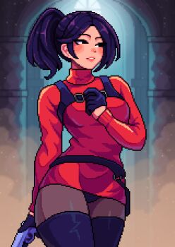 1girl ada_wong ada_wong_(cosplay) artist_self-insert aseprite_(medium) black_boots black_eyes black_gloves black_panties blush boots breasts brown_pantyhose commentary cosplay cowboy_shot dress english_commentary gloves gun high_ponytail highres holding holding_gun holding_weapon long_hair long_sleeves looking_to_the_side medium_breasts panties pantyhose pantyshot parted_lips pixel_art ponytail purple_hair red_dress resident_evil resident_evil_4 solo sweater sweater_dress thigh_boots turtleneck turtleneck_dress underwear weapon yumykon yumykon_(yumykon)