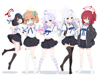 &gt;:) 5girls :q \m/ absurdres aged_down ahoge alternate_costume alternate_hair_length alternate_hairstyle asymmetrical_legwear bandaid bandaid_on_cheek bandaid_on_face beret black-framed_eyewear black_choker black_hair black_hoodie black_skirt black_socks black_thighhighs blue_archive blue_bow blue_bowtie blue_eyes blue_hair blunt_bangs blush bow bow_legwear bowtie choker closed_mouth collared_shirt commentary fate/kaleid_liner_prisma_illya fate_(series) feather_hair full_body glasses green_bow grin hair_bobbles hair_bow hair_intakes hair_ornament half_updo halo hand_in_pocket hands_up hat highres holding holding_wand homurabara_academy_elementary_school_uniform hood hood_down hoodie kneehighs long_hair looking_at_viewer low_twintails mashiro_(blue_archive) medium_hair midriff_peek miniskirt mismatched_legwear multicolored_hair multiple_girls navel no_shoes one_side_up open_clothes open_hoodie open_mouth orange_hair paid_reward_available parody parted_lips pink_hair pink_halo plaid_bow pleated_skirt puffy_short_sleeves puffy_sleeves purple_eyes rabu_(blue_archive) red_eyes red_hair red_halo reisa_(blue_archive) school_uniform semi-rimless_eyewear shimiko_(blue_archive) shirt short_sleeves side-by-side sidelocks simple_background single_thighhigh skirt slit_pupils smile socks split_mouth standing standing_on_one_leg star_halo straight_hair streaked_hair striped_clothes striped_socks suzumi_(blue_archive) tansui_san_(tcjp4784) tareme thighhighs tongue tongue_out tsurime twintails two-tone_hair v-shaped_eyebrows wand white_background white_hair white_hat white_shirt white_socks white_thighhighs yellow_halo zettai_ryouiki
