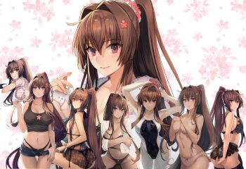 1girl :o absurdres adjusting_hair alternate_costume armpits ass bare_arms bare_legs bare_shoulders bikini black_bikini black_panties black_tank_top black_thighhighs blush bottle bra bracelet breasts brown_eyes brown_hair buttons cleavage closed_mouth clothes_pull coat collarbone competition_swimsuit compilation covering_breasts covering_privates crop_top crossed_arms denim denim_shorts floral_print flower from_behind groin hair_between_eyes hair_flower hair_intakes hair_lift hair_ornament halterneck hand_in_own_hair hands_in_own_hair hands_on_own_chest high_ponytail highres holding holding_own_hair jewelry kantai_collection kasumi_(skchkko) lace lace-trimmed_bra lace-trimmed_legwear lace-trimmed_panties lace_trim large_breasts long_hair long_sleeves looking_at_viewer looking_back lying multiple_girls navel nightgown on_stomach one-piece_swimsuit open_clothes open_coat open_fly open_mouth panties pants pants_pull parted_lips partially_submerged pink_flower ponytail ramune red_eyes sarong see-through_clothes short_shorts short_sleeves shorts side-tie_bikini_bottom sidelocks sitting smile solo stomach strap_gap swimsuit tank_top thigh_gap thighhighs thighs topless_female two-tone_swimsuit tying_hair underwear very_long_hair water wet white_bra white_coat white_panties yamato_(kancolle)