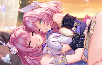 2girls :o alternate_breast_size_(larger) blue_eyes breasts cyrene_(honkai:_star_rail) dakimakura_(medium) diamond-shaped_pupils diamond_(shape) dress dual_persona flower grabbing_another&#039;s_breast groping hair_flower hair_ornament honkai:_star_rail honkai_(series) jg&amp;solin large_breasts long_hair lying medium_breasts multiple_girls on_back on_bed open_mouth pink_hair purple_eyes selfcest symbol-shaped_pupils thighs very_long_hair white_dress