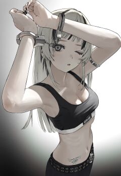 1girl absurdres armpits belt black_background black_belt black_hair black_nails black_pants black_sports_bra breasts cleavage commentary_request cuffs gradient_background grey_eyes handcuffs highres long_hair looking_at_viewer mashiro_kta multicolored_hair navel one_eye_closed open_mouth original pants simple_background solo sports_bra star-shaped_pupils star_(symbol) stomach_tattoo streaked_hair symbol-shaped_pupils tattoo two-tone_background two-tone_hair white_background white_hair