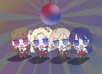 4girls :d aqua_neckerchief arm_up blonde_hair blue_eyes blue_hair blush_stickers brown_dress brown_hair cardigan ceras_yanagida_lilienfeld chibi chibi_only commentary_request disco_ball dress gradient_hair grey_cardigan grey_hair hair_ribbon hasu_no_sora_school_uniform heisei_gals!!!!_(love_live!) kachimachi_kosuzu link!_like!_love_live! long_hair long_sleeves looking_at_viewer love_live! matching_pose mihasu_ll multicolored_hair multiple_girls murano_sayaka neckerchief open_cardigan open_clothes open_mouth osawa_rurino pink_ribbon pleated_dress purple_eyes red_neckerchief ribbon ruri&amp;to_(love_live!) sailor_collar sailor_dress school_uniform smile sunburst twintails virtual_youtuber white_sailor_collar winter_uniform yellow_neckerchief