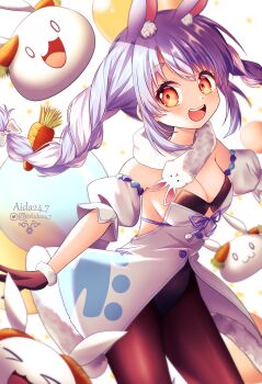 &gt;_&lt; 1girl :3 absurdres aida24_7 animal_ear_fluff animal_ears artist_name balloon black_leotard blue_hair braid breasts brown_gloves brown_pantyhose buttons carrot cleavage closed_eyes closed_mouth coat coat_dress commentary don-chan_(usada_pekora) dress english_commentary extra_ears eyelashes fur-trimmed_coat fur-trimmed_dress fur_trim gloves highres hololive instagram_username leotard leotard_under_clothes long_hair multicolored_hair o_o open_mouth orange_eyes pantyhose pekomon_(usada_pekora) rabbit_ears rabbit_girl sidelocks smile strapless strapless_leotard teeth twin_braids twitter_username two-tone_hair upper_teeth_only usada_pekora usada_pekora_(1st_costume) virtual_youtuber white_dress white_hair