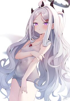 absurdres ahoge black_halo blue_archive breasts cameltoe covered_navel damarinasai_(mineo) demon_girl demon_horns halo highres hina_(blue_archive) hina_(swimsuit)_(blue_archive) horns long_hair looking_at_viewer nipples old_school_swimsuit purple_eyes school_swimsuit simple_background small_breasts standing swimsuit very_long_hair white_background white_hair