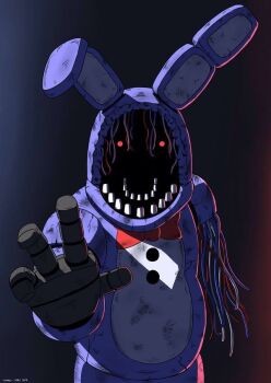 10s 1boy 2015 animatronic bonnie_(fnaf) bow bowtie five_nights_at_freddy&#039;s five_nights_at_freddy&#039;s_2 ktimz looking_at_viewer missing_limb non-humanoid_robot rabbit reaching reaching_towards_viewer red_bow red_bowtie red_eyes robot robot_animal sharp_teeth teeth wire withered_bonnie