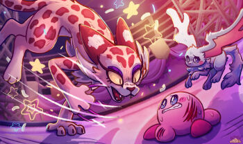 1boy 1girl 1other absurdres aqua_fur battle blood blue_eyes blush blush_stickers boss_fight circus clawroline colored_sclera colored_skin digitigrade ear_wings elfilin glazedcroissant highres kirby kirby_(series) kirby_and_the_forgotten_land leopard long_claws nintendo notched_ear pink_skin scared scratches spotted_fur star_(symbol) sweat teeth yellow_fur yellow_sclera